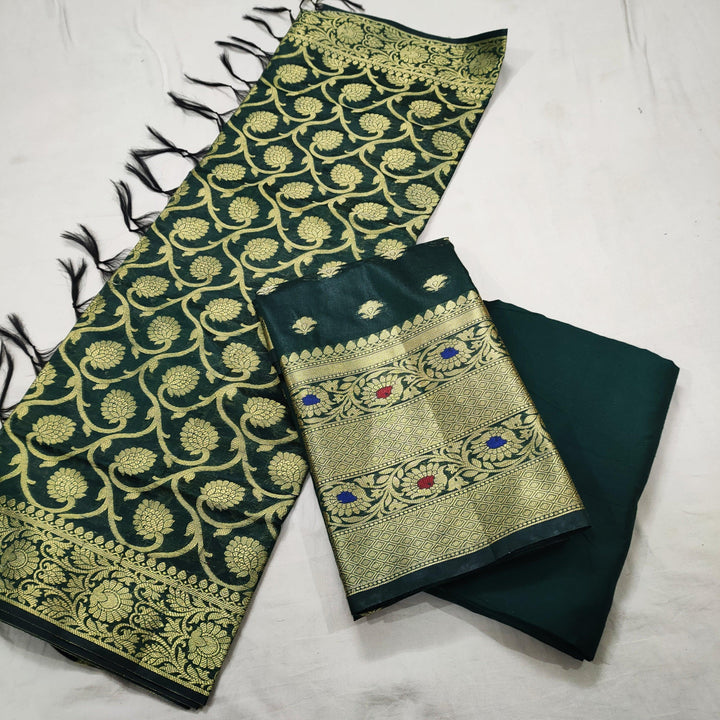 Banarasi Cotton Silk Suit Meena Border Salwar Kameez (Meena Double Border) Bottle Green- Maroon Unstitched - Mohsin Textiles