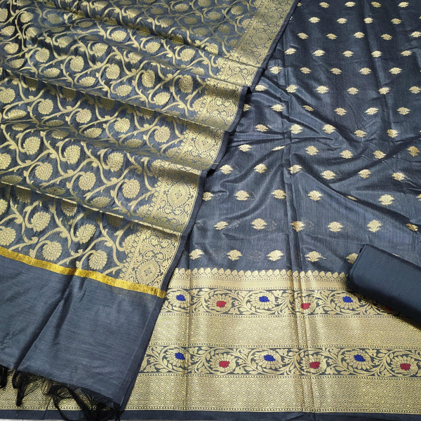Banarasi Cotton Silk Suit Meena Border Salwar Kameez (Meena Double Border) Grey-Nevi Unstitched - Mohsin Textiles