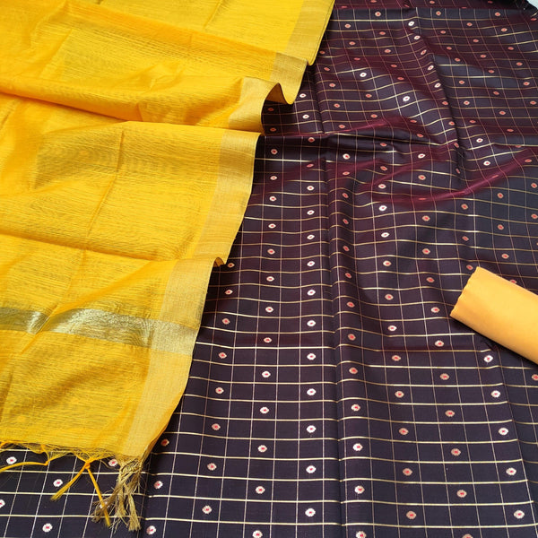 Banarasi Satan Silk Suit Cheque Design (Brown-Gold) - Mohsin Textiles