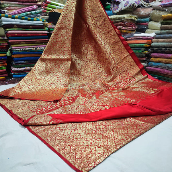 Punia Jamewar Banarsi Saton Silk Saree Red - Mohsin Textiles