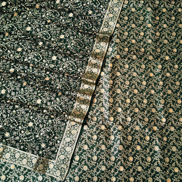 Banarasi Pure Silk Garara / Lahenga / Sharara with Hand Stone (Roses Jaal) Mehendi Green - Mohsin Textiles