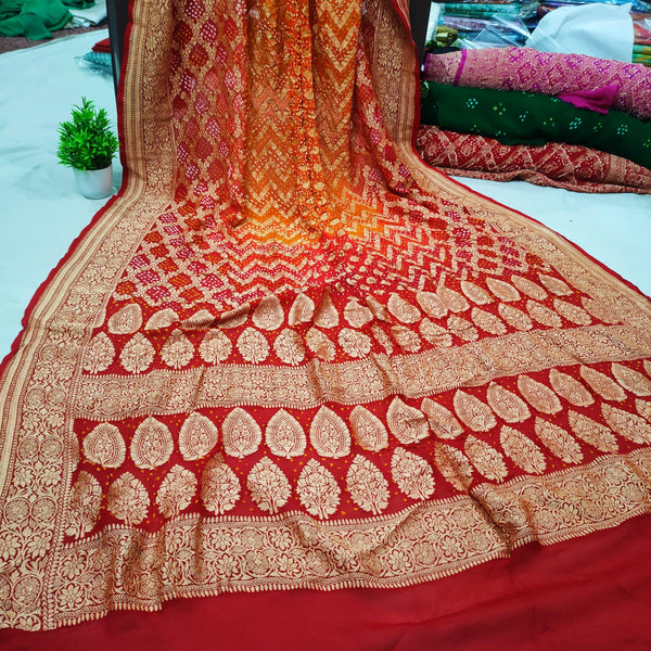 Chiffon Khaddi 100% Pure Silk Original Bandhej Saree Red Gold Mix - Mohsin Textiles