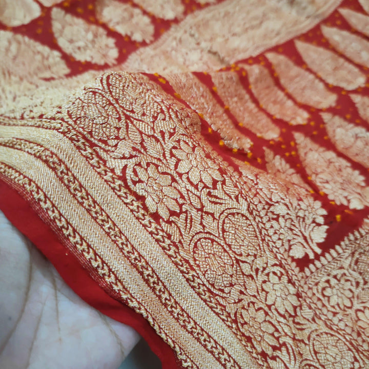 Chiffon Khaddi 100% Pure Silk Original Bandhej Saree Red Gold Mix - Mohsin Textiles