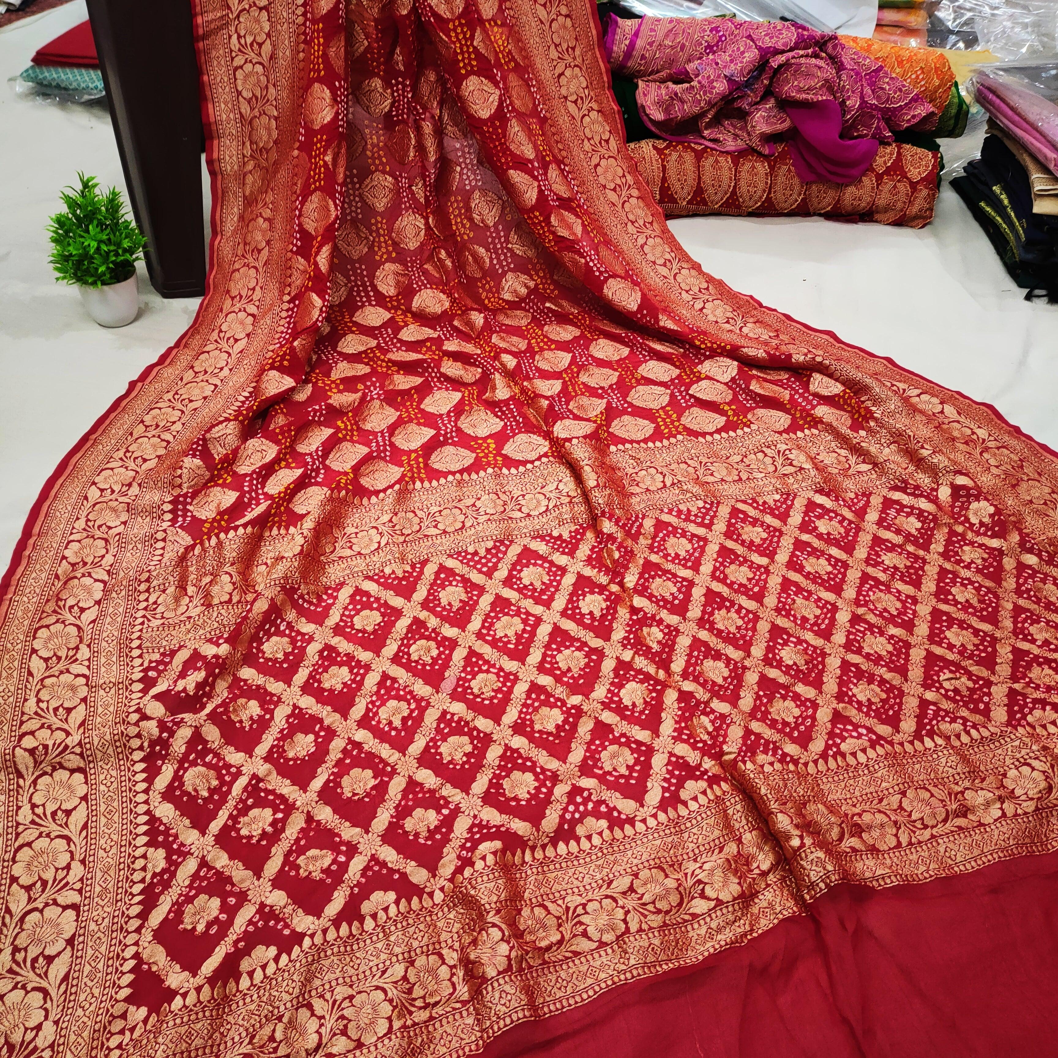 The gorgeous Banarasi bandhej saree @shayonajunction , abad #mahipatelm  #mahipatelofficial #saree #sareelove #wedding #weddingphotography… |  Instagram