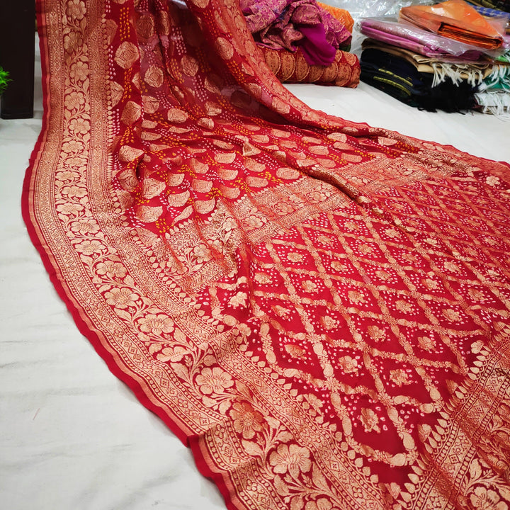 Chiffon Khaddi 100% Pure Silk Original Bandhej Saree Red - Mohsin Textiles