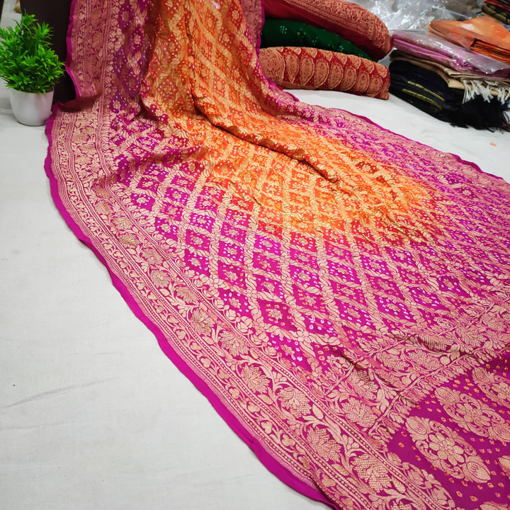 Chiffon Khaddi 100% Pure Silk Original Bandhej Saree Rani Orange Mix - Mohsin Textiles