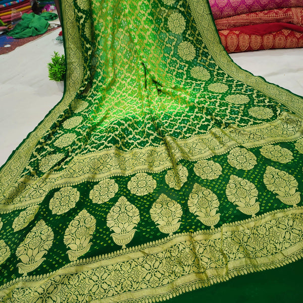 Chiffon Khaddi 100% Pure Silk Original Bandhej Saree Green Pista Mix - Mohsin Textiles