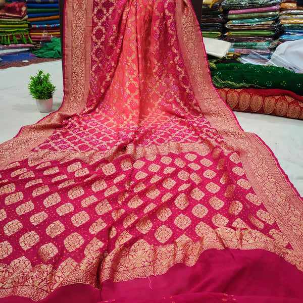 Chiffon Khaddi 100% Pure Silk Original Bandhej Saree Pink Rani Mix - Mohsin Textiles