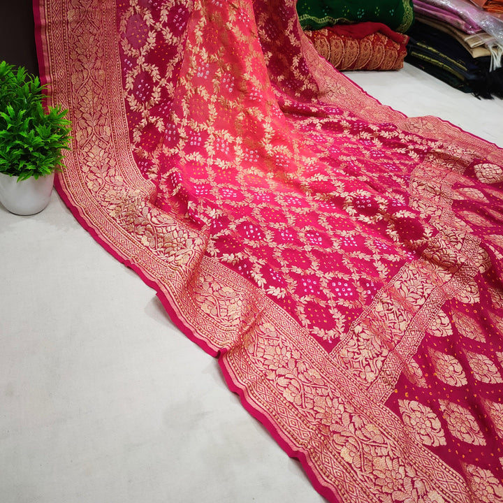 Chiffon Khaddi 100% Pure Silk Original Bandhej Saree Pink Rani Mix - Mohsin Textiles