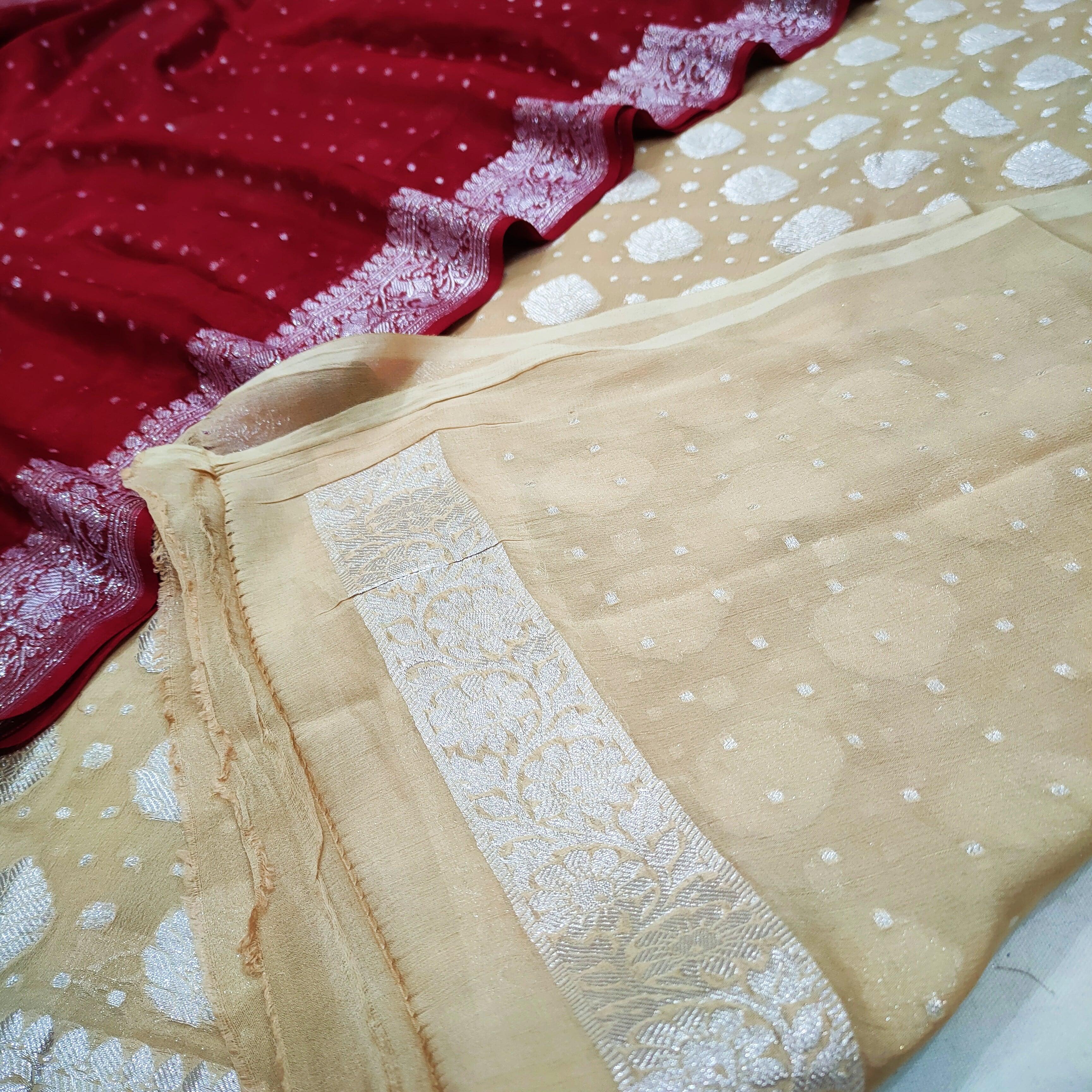 Pure Khaddi Chiffon Banarasi Suit With Zari Work. Best For Wedding, Party, Function