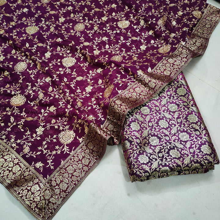 Banarasi Pure Silk Kimkhab Garara / Lahenga / Sharara  (Floral Jaal) Jamuni Purple - Mohsin Textiles