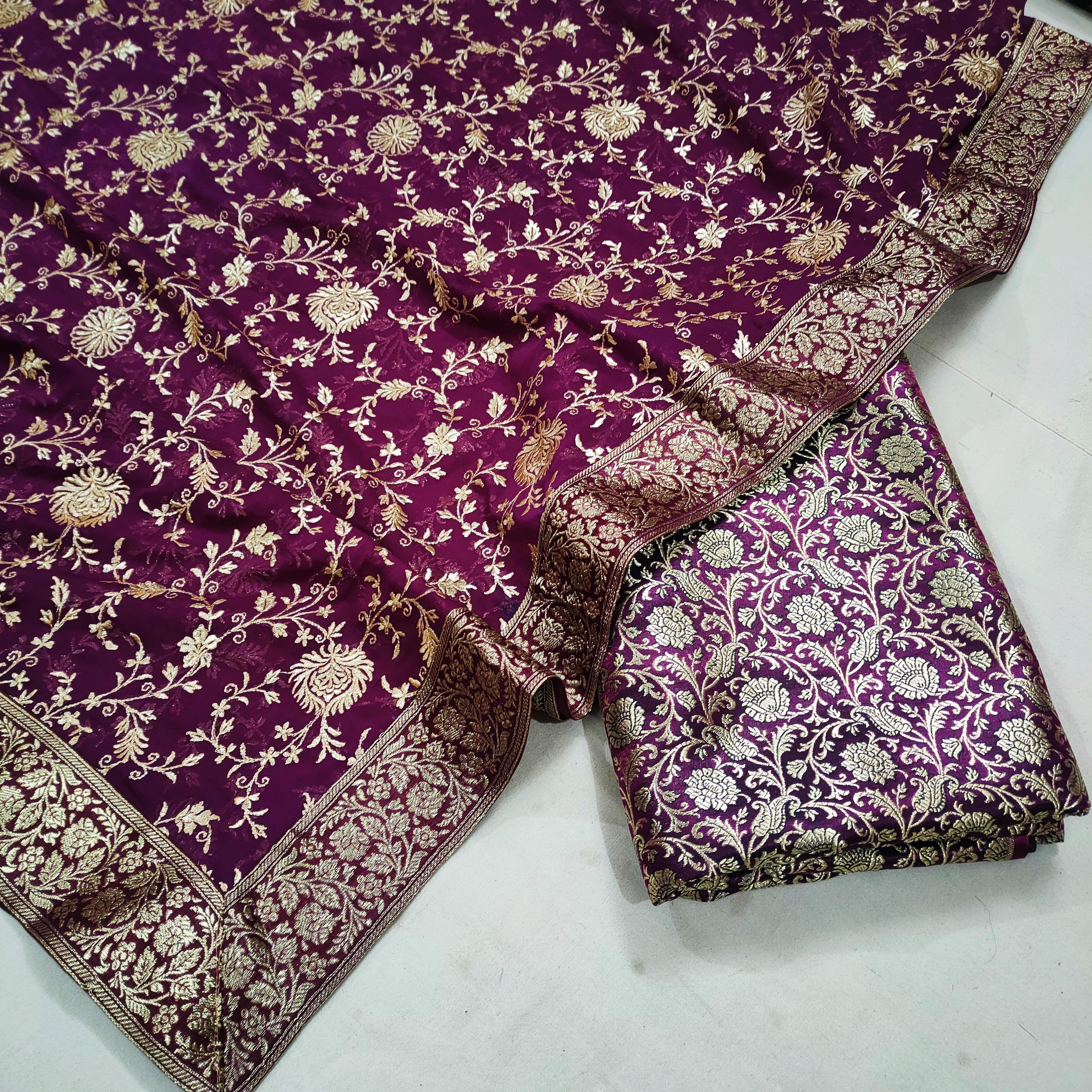 Banarasi Pure Silk Kimkhab Garara / Lahenga / Sharara  (Floral Jaal) Jamuni Purple - Mohsin Textiles
