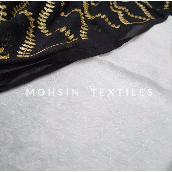 Banarasi Cotton Silk Suit Salwar Kamiz with Embroidery Dupatta (White Self Design) Black Dupatta - Mohsin Textiles