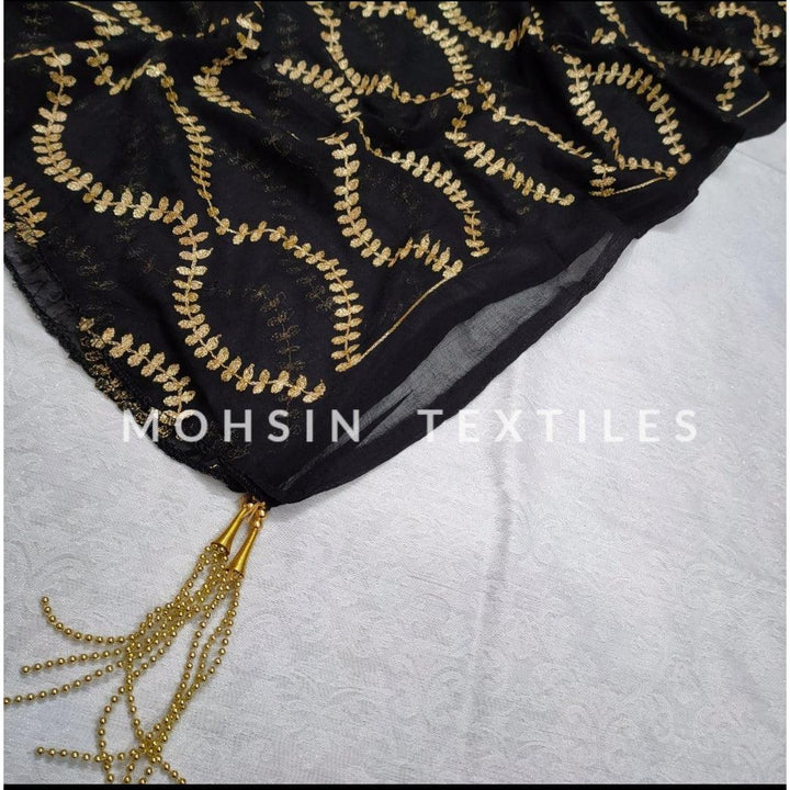 Banarasi Cotton Silk Suit Salwar Kamiz with Embroidery Dupatta (White Self Design) Black Dupatta - Mohsin Textiles