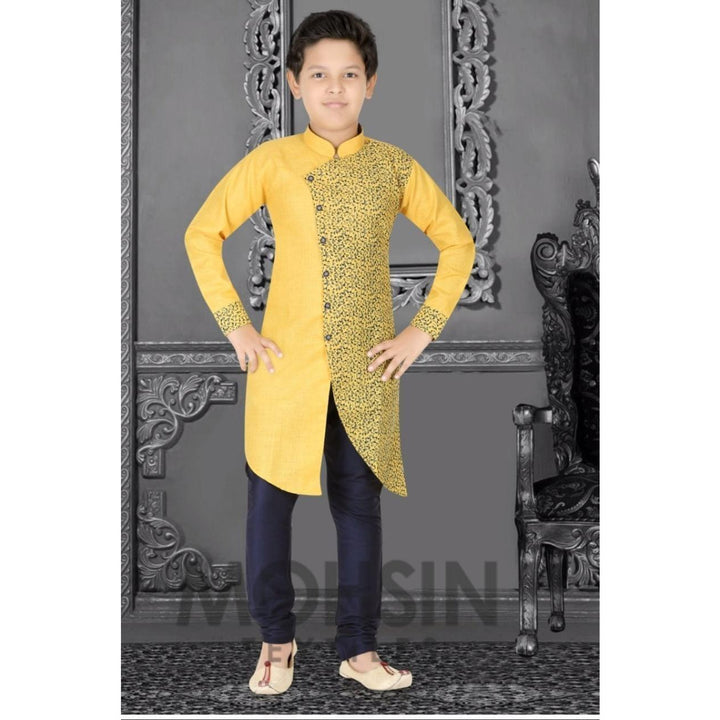 Designer Kurta Payjama Boys Kids (Yellow Half Print) - Mohsin Textiles