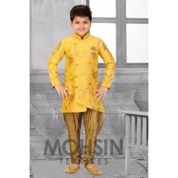 Indo Western Designer Kurta Payjama Boys Kids (Flower Buta Brocade) Gold - Mohsin Textiles
