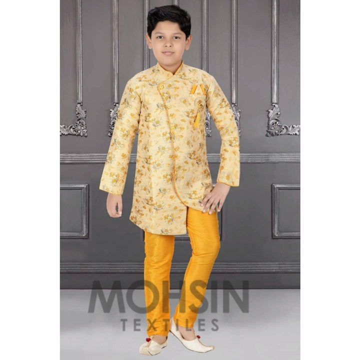 Indo Western Designer Kurta Payjama Boys Kids (Jal Broket) Golden Creem - Mohsin Textiles