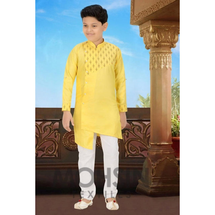 Designer Kurta Payjama Boys Kids (Yellow NCK Print) - Mohsin Textiles