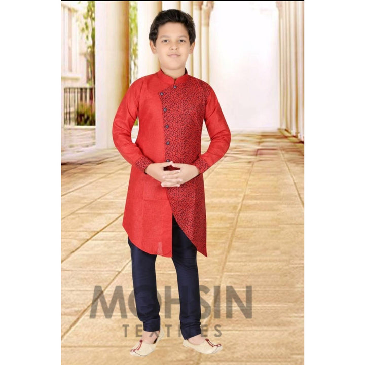 Designer Kurta Payjama Boys Kids (Red Half Print) - Mohsin Textiles