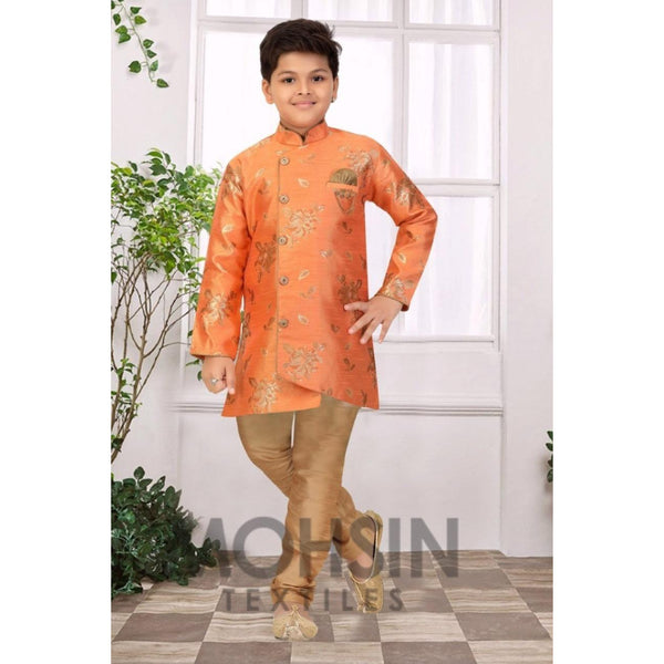 Indo Western Designer Kurta Payjama Boys Kids (Flower Buta Brocade) Orange - Mohsin Textiles